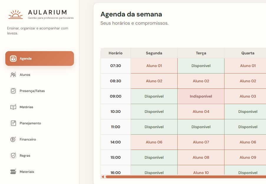 Agenda semanal real do Aularium com dados demonstrativos